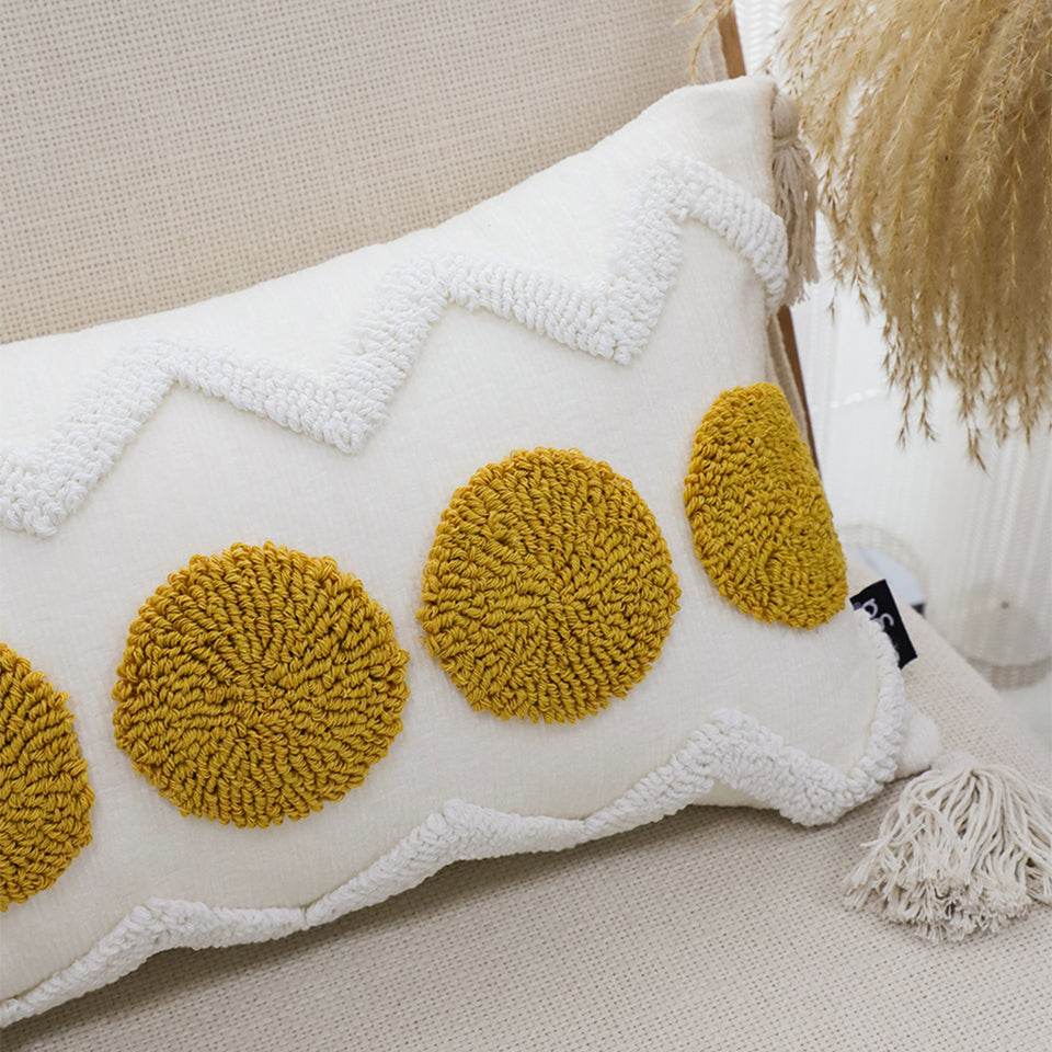 SOGA 2X 30cm Cream Yellow Circle Pom Chevron Tassel Decorative Pillow