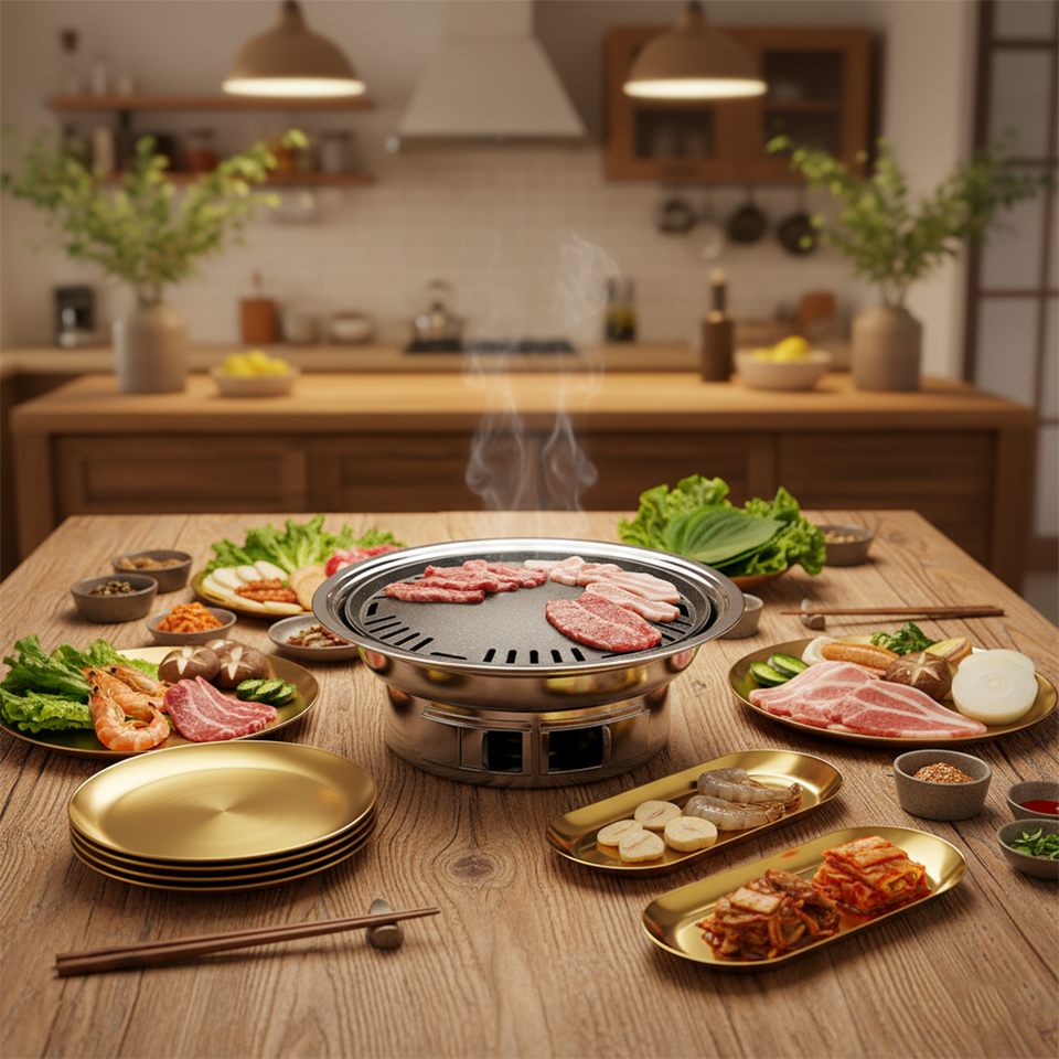 SOGA Kitchenware Bundle – Gold Nordic Plate Set, 23cm Grilling Plate & Portable Charcoal BBQ Grill