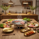 SOGA Kitchenware Bundle – Gold Nordic Plate Set, 23cm Grilling Plate & Portable Charcoal BBQ Grill