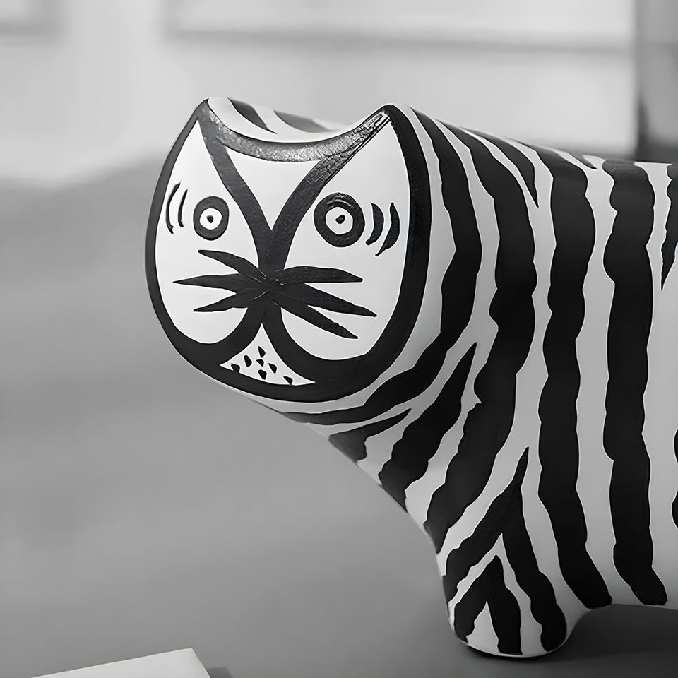 SOGA 47cm Elongated Black and White Striped Cat Resin Sculpture for Modern Home Decor