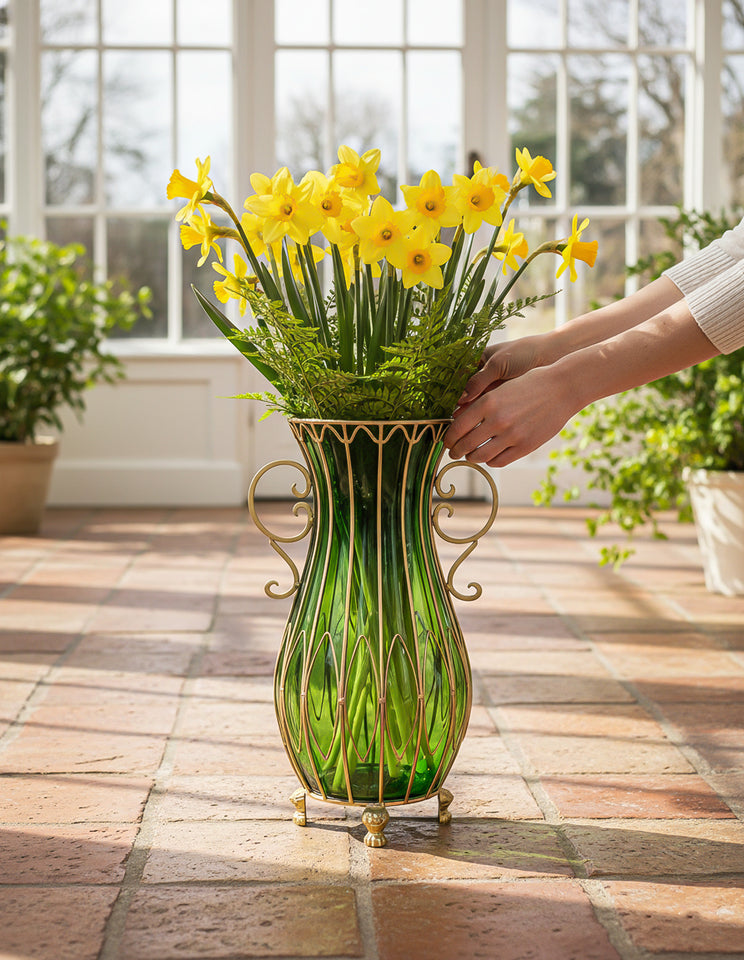 SOGA 51cm Green Glass Oval Floor Vase with Metal Flower Stand
