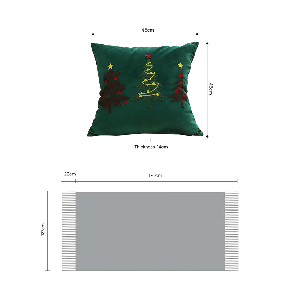 SOGA Christmas Bundle – 2 Green Embroidered Christmas Tree Pillow & Tassel Fringe Knitted Blanket