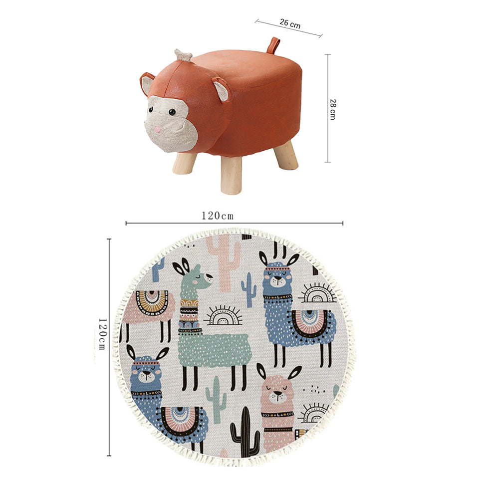 SOGA Home & Living Bundle – 2 Orange Monkey Children’s Ottoman & Alpaca Cactus Pattern Rug