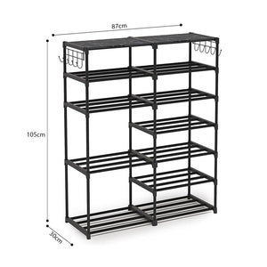 SOGA 2X 12-Shelf Tier Shoe Storage Shelf Space-Saving Caddy Rack Organiser with Side Hooks Black