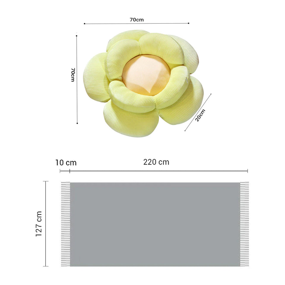 SOGA Home & Living Bundle – Green Double Flower Cushion & Acrylic Knitted Throw Blanket