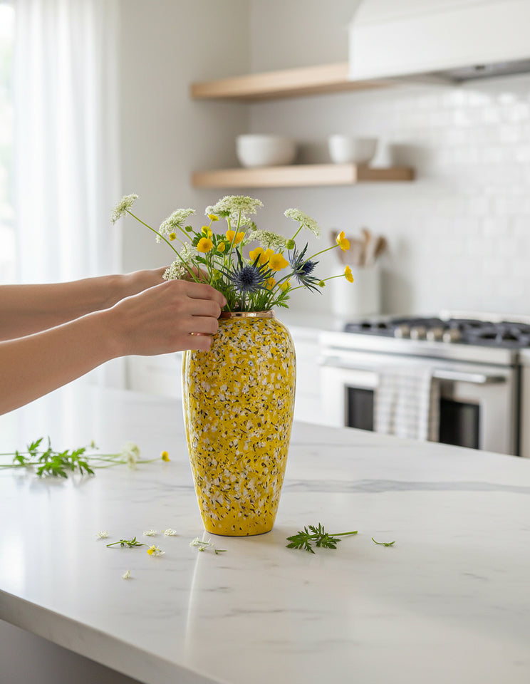 SOGA 35x17cm Yellow with White Mini Floral Large Ceramic Flower Vase Elegant Living Room Home Decor