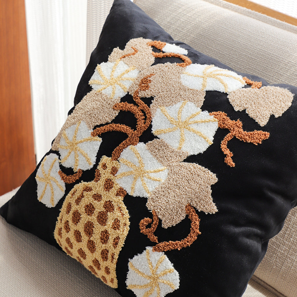 SOGA 2X 45cm Black Gold Wicker Basket Floral Embroidered Throw Pillow