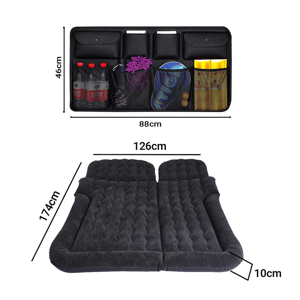 SOGA Car Bundle – Black Leather Back Seat Storage Organizer & Inflatable Boot Mattress