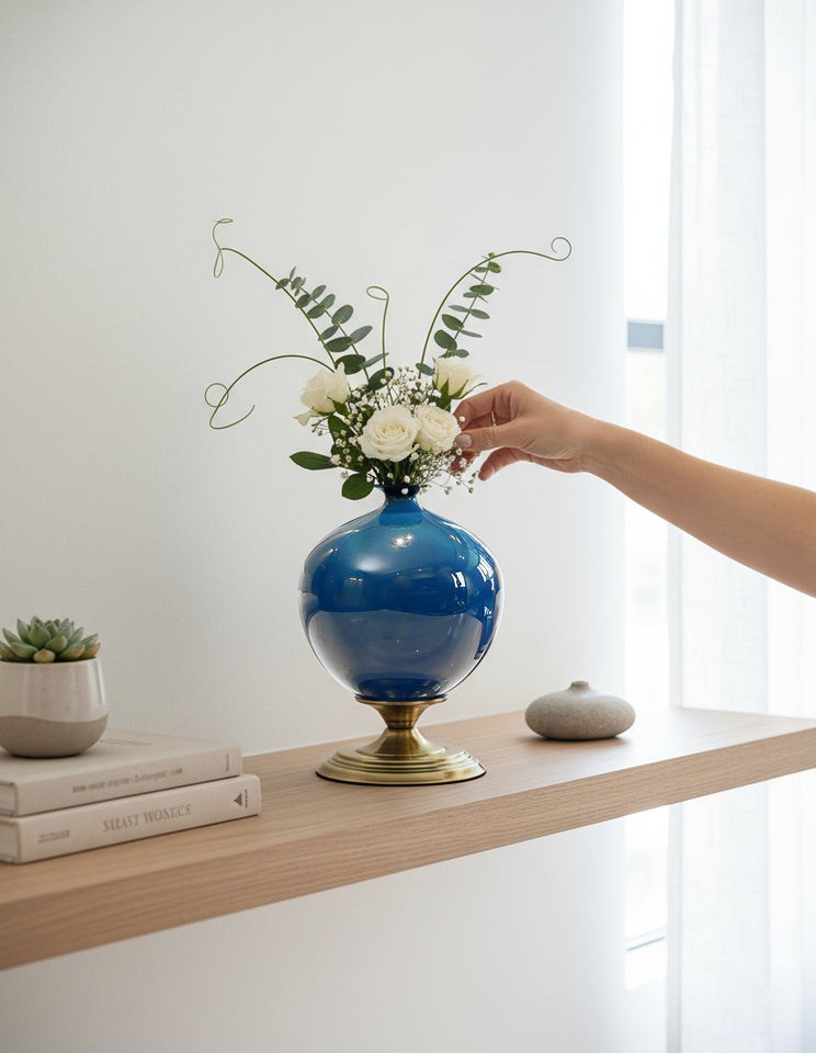 SOGA 38cm Ceramic Oval Flower Vase with Gold Metal Base Dark Blue