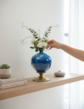 SOGA 38cm Ceramic Oval Flower Vase with Gold Metal Base Dark Blue