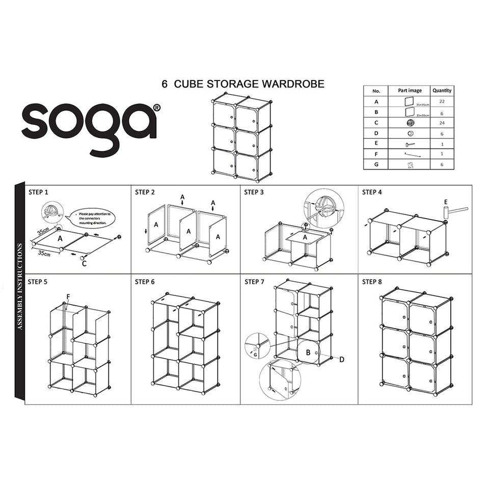 SOGA 3 Tier 6-Cube Portable Wardrobe Divide-Grid Modular Storage Organiser Foldable Closet