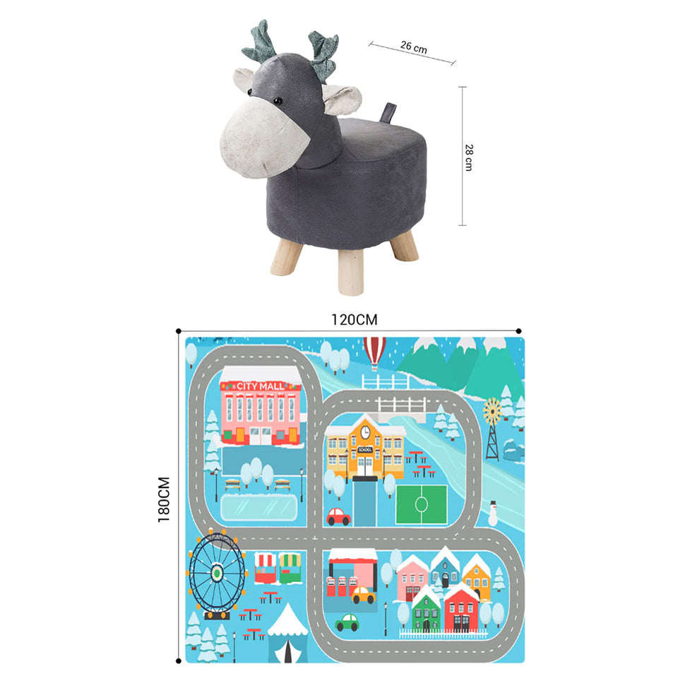SOGA Home & Living Bundle – 2 Grey Deer Character Children's Ottoman & Kids Street Map Rug