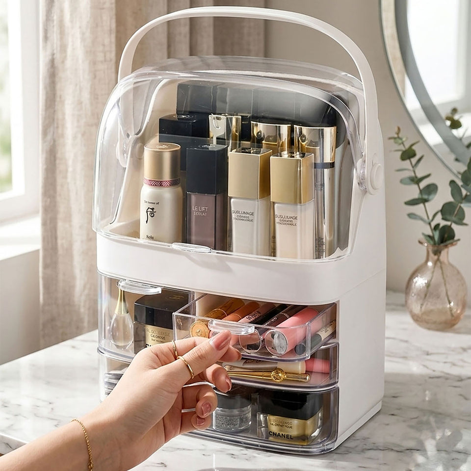 SOGA 2X 3 Tier White Countertop Makeup Cosmetic Storage Organiser Skincare Holder Jewelry Storage Box with Handle