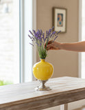 SOGA 38cm Ceramic Oval Flower Vase with Gold Metal Base Yellow