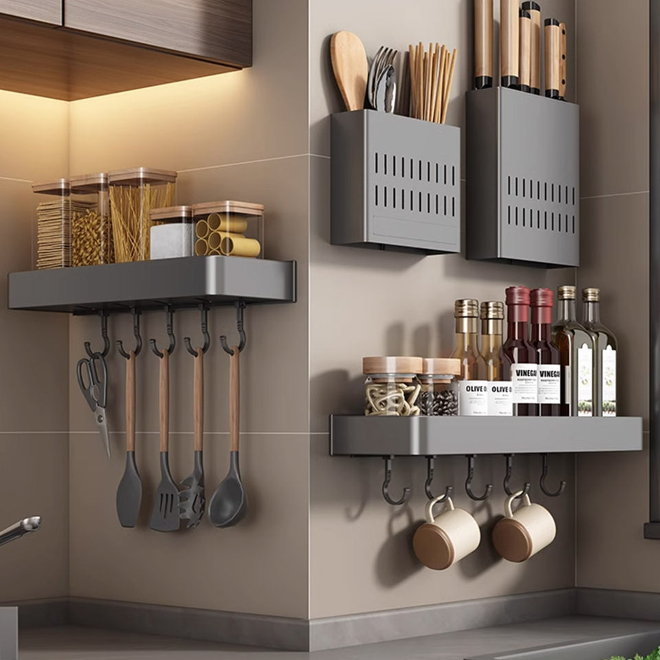 SOGA 40cm Black Wall-Mounted Rectangular Kitchen Spice Storage Organiser Space Saving Condiments Shelf Rack with Hooks