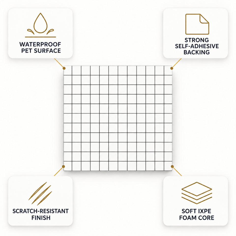 SOGA Peel & Stick Floor and Wall Tiles 60 x 60cm 10 Pack White Grid Tile Look
