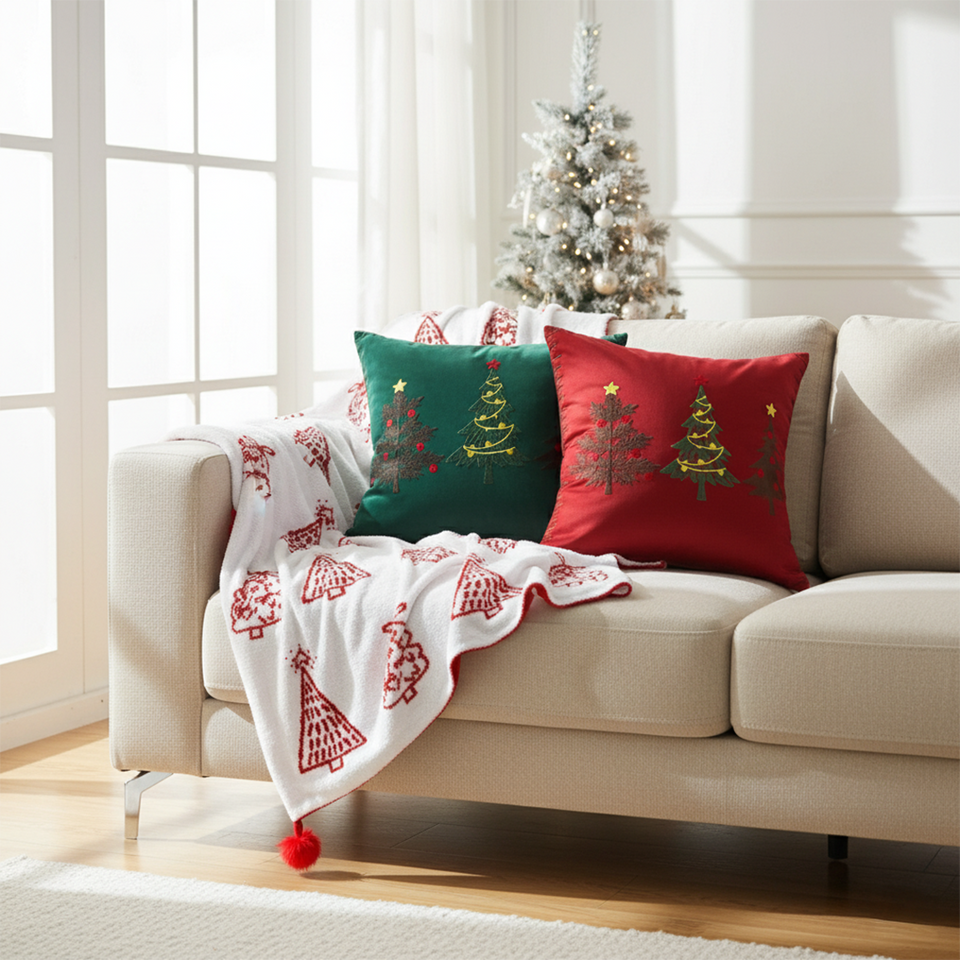 SOGA Christmas Bundle – Green & Burgundy Embroidered Tree Pillows & Red Holiday Throw Blanket