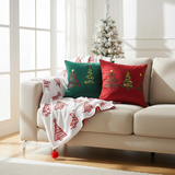 SOGA Christmas Bundle – Green & Burgundy Embroidered Tree Pillows & Red Holiday Throw Blanket