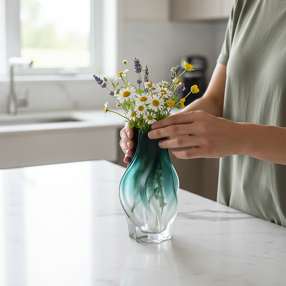SOGA 27cm Glass Vase Blue with Beautiful glass Bubble Texture Art Vases