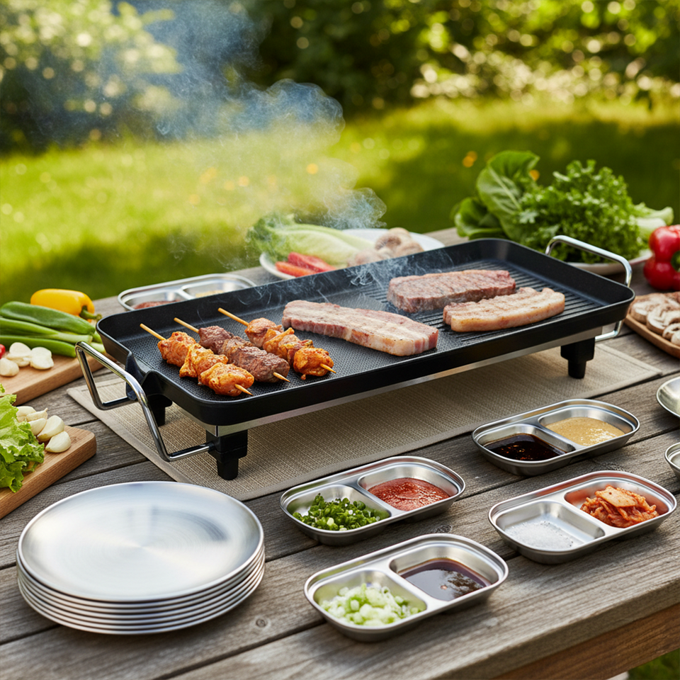SOGA Kitchenware Bundle – 48cm Electric BBQ Grill with Silver Grilling Plate & Divided Sauce Pan