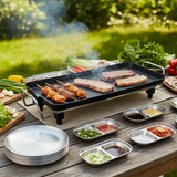 SOGA Kitchenware Bundle – 48cm Electric BBQ Grill with Silver Grilling Plate & Divided Sauce Pan