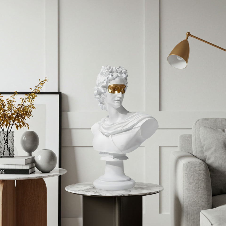 SOGA 40cm White Classical Bust Resin Sculpture with Gold Eye Mask for Modern Home Decor