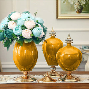SOGA 38cm Ceramic Oval Flower Vase with Gold Metal Base Yellow