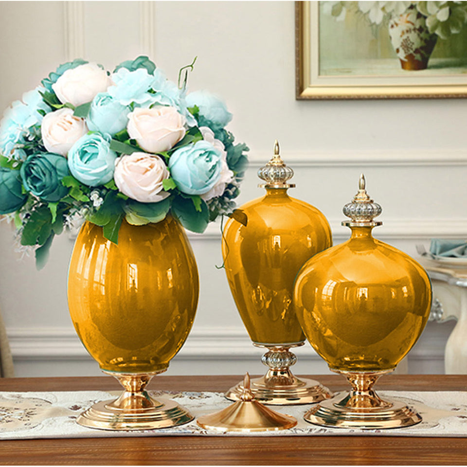 SOGA 38cm Ceramic Oval Flower Vase with Gold Metal Base Yellow