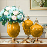 SOGA 38cm Ceramic Oval Flower Vase with Gold Metal Base Yellow
