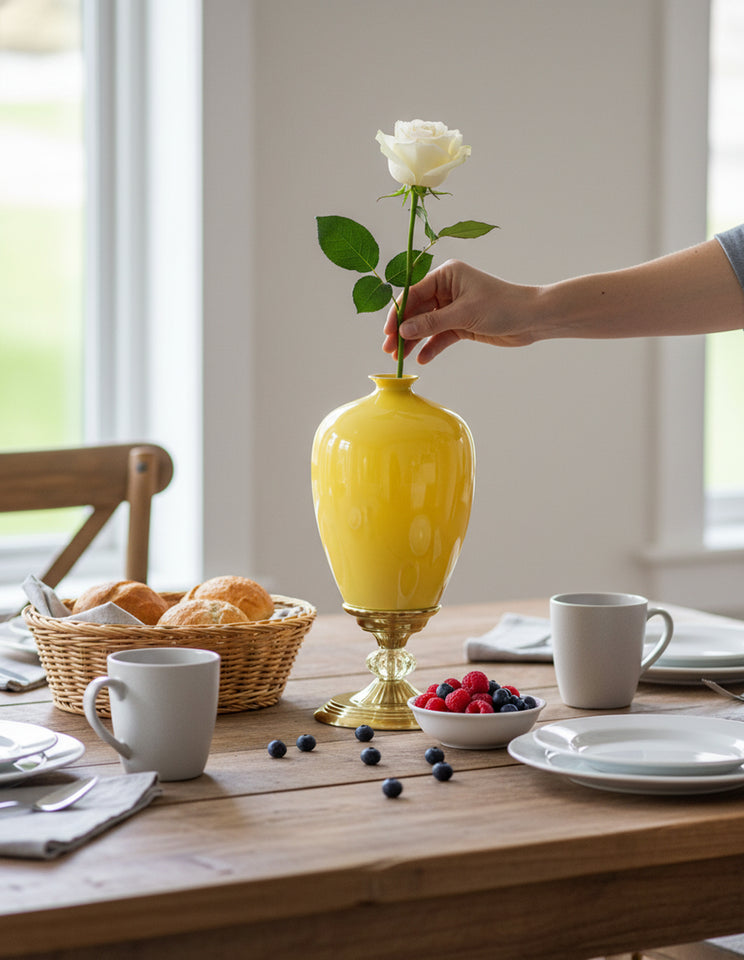 SOGA 40cm Ceramic Oval Flower Vase with Gold Metal Base Yellow
