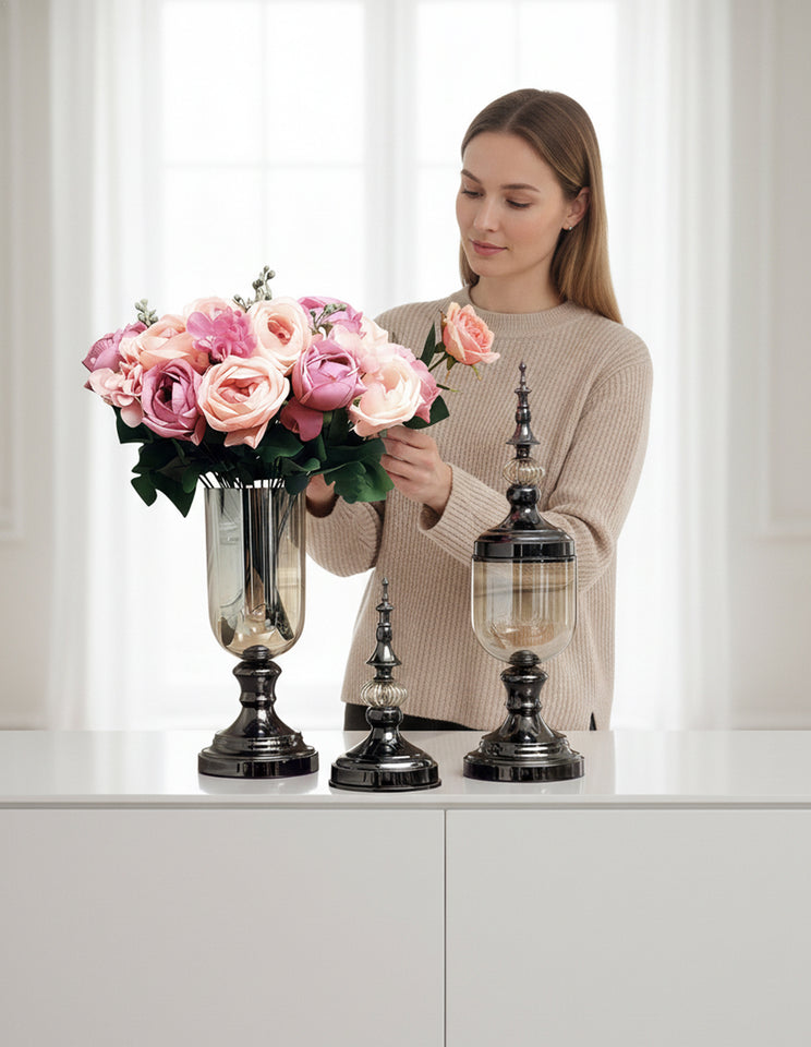 SOGA 2 x Clear Glass Flower Vase with Lid and Pink Flower Filler Vase Black Set