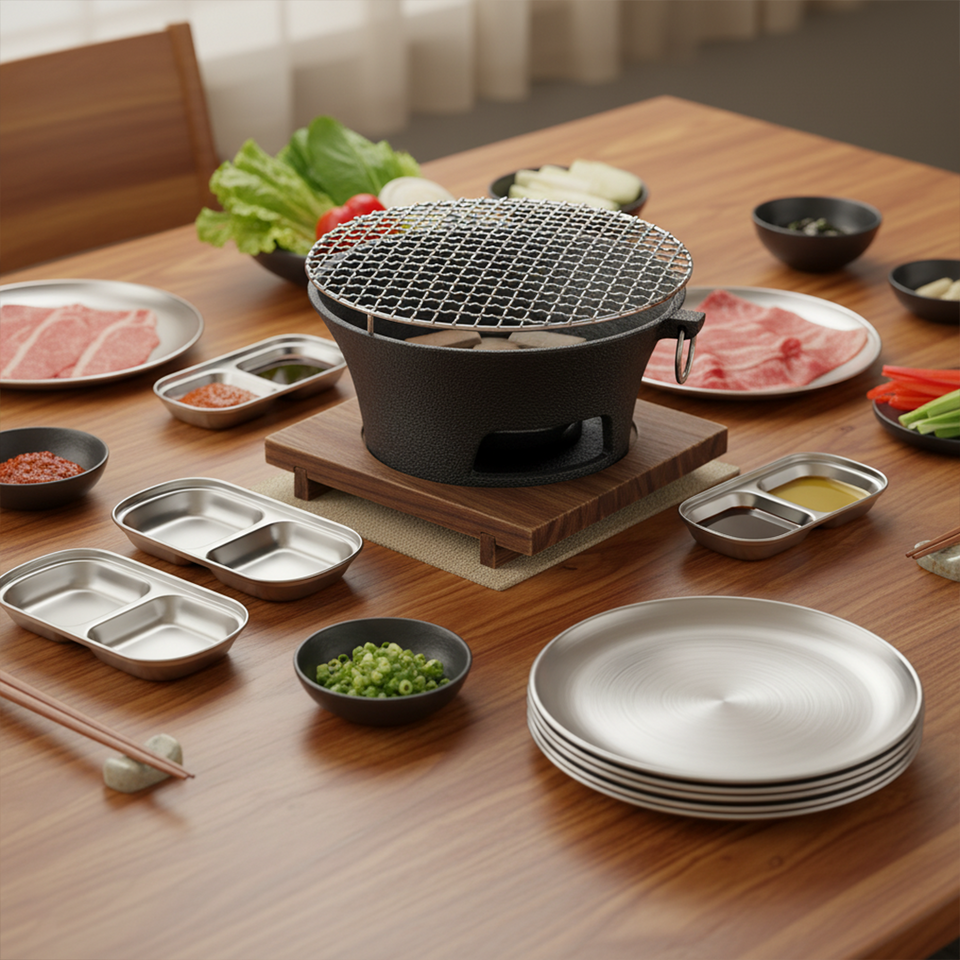 SOGA Kitchenware Bundle – Silver Grilling Plate, Divided Sauce Pan & Cast Iron BBQ Grill