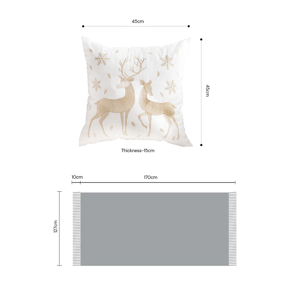 SOGA Christmas Bundle – 2 White Gold Reindeer Throw Pillows & Beige Diamond Throw Blanket