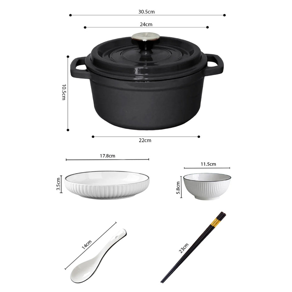 SOGA Kitchenware Bundle – White Japanese Ceramic Dinnerware Set & Black Cast Iron Stewpot