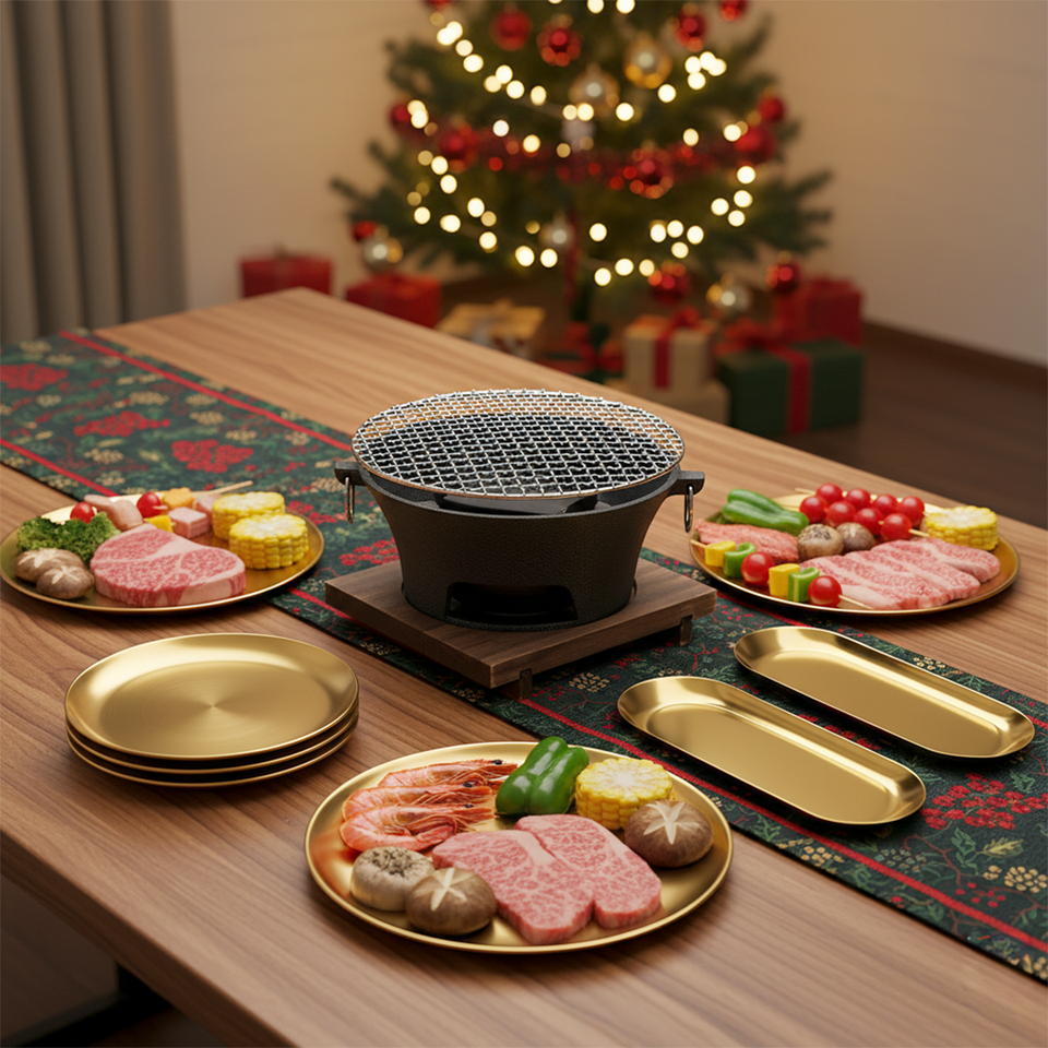 SOGA Kitchenware Bundle – Gold Nordic Plate Set, 23cm Grilling Plate & Cast Iron BBQ Grill