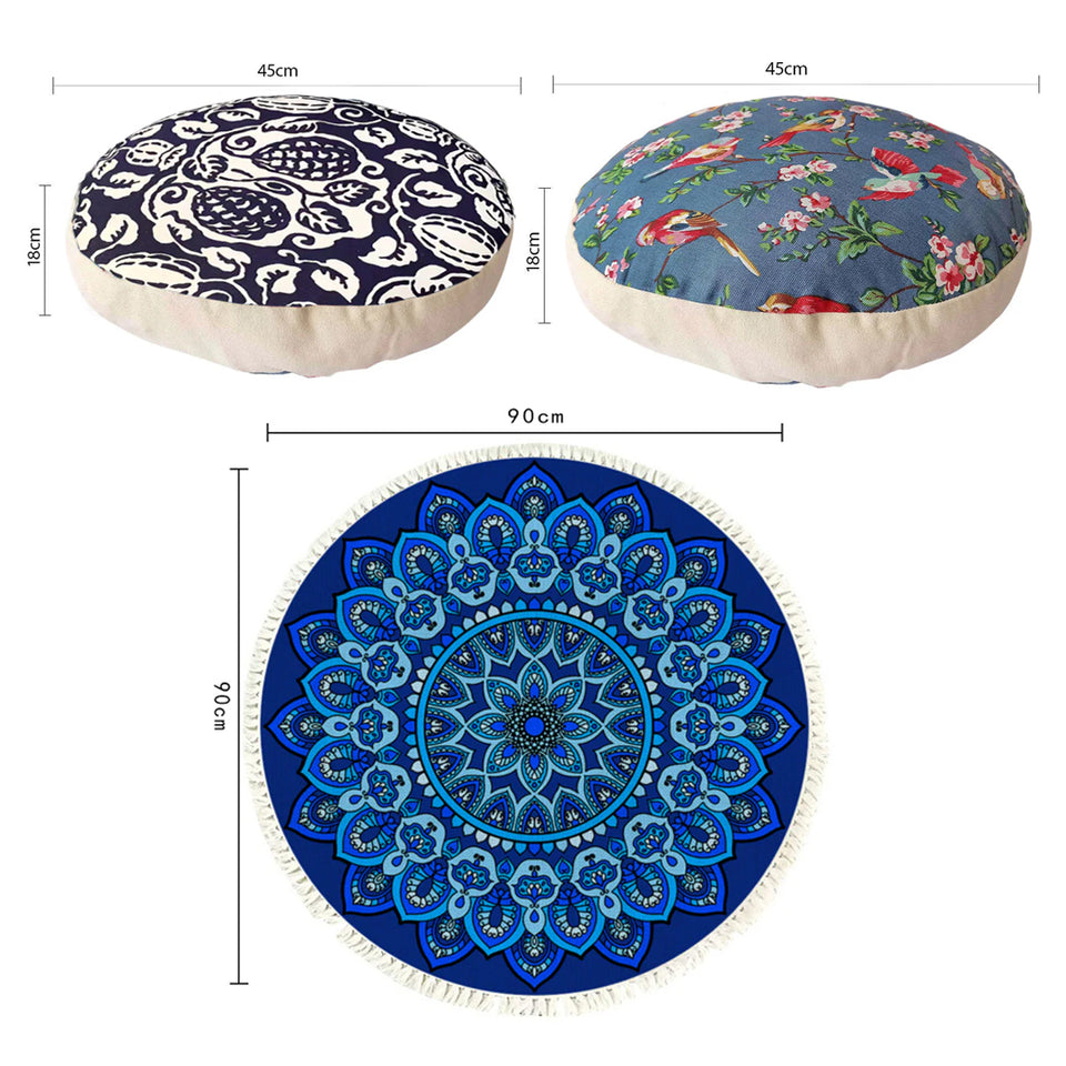 SOGA Home & Living Bundle – Polyester-Cotton Pillows & Blue Mandala Round Carpet Decor
