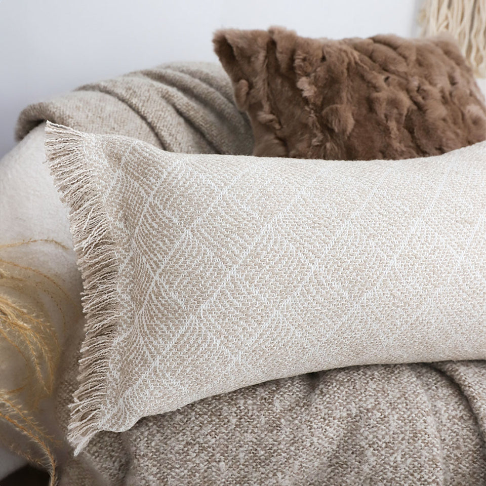 SOGA 35cm Rectangular Natural Woven Diamond Pattern Fringe Trim Throw Pillow
