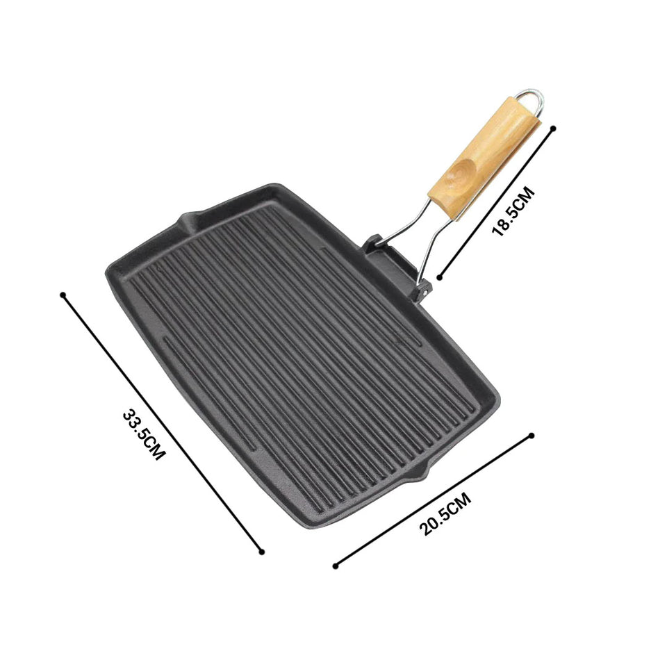SOGA 20.5cm Rectangular Cast Iron Griddle Pan with Folding Wooden Handle