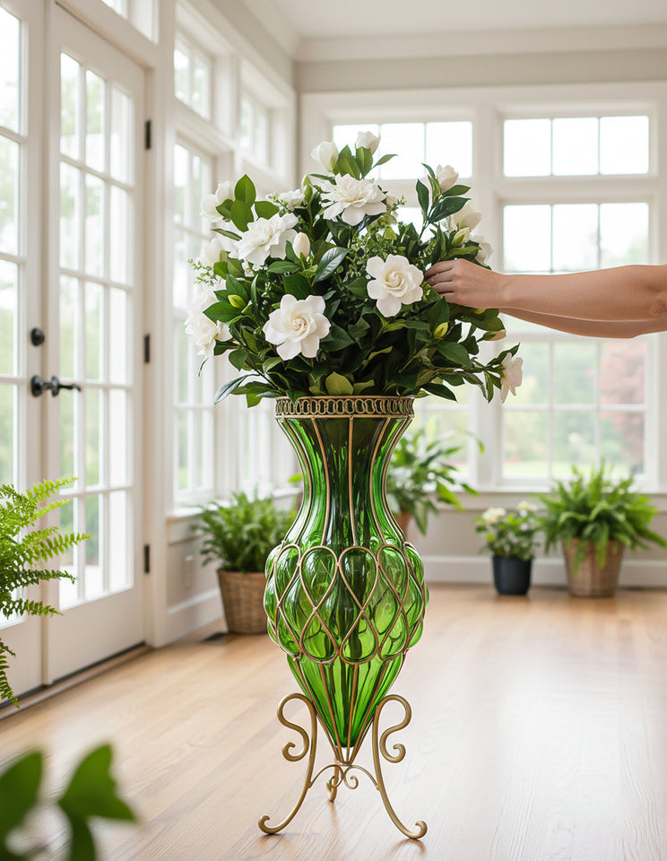SOGA 67cm Green Glass Tall Floor Vase with Metal Flower Stand