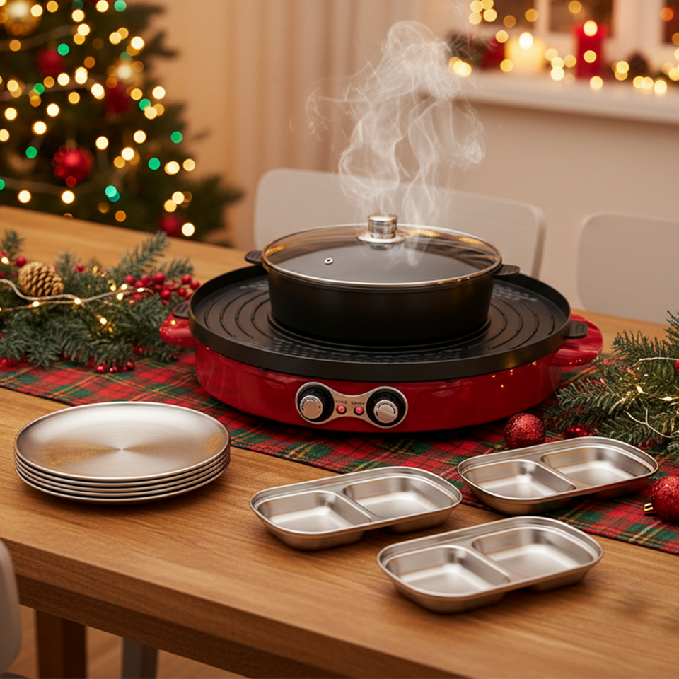 SOGA Kitchenware Bundle – 2-in-1 Electric Hot Pot BBQ Grill with Silver Grilling Plate & Sauce Pan