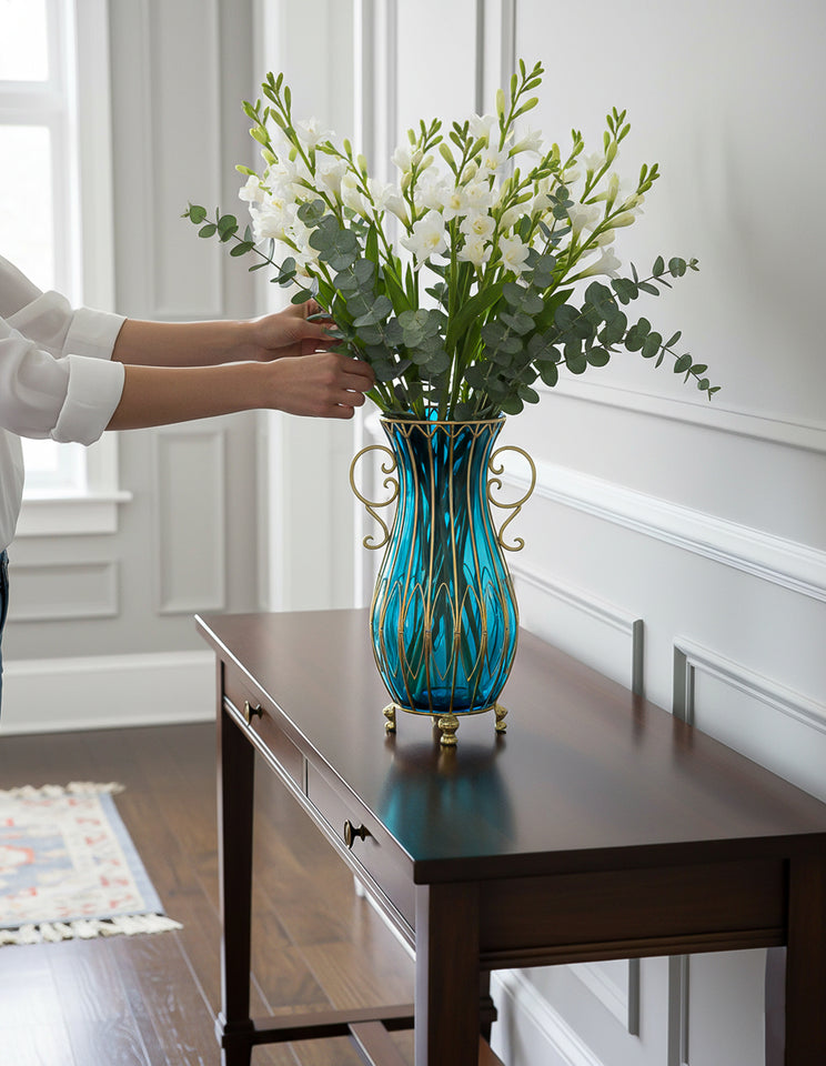 SOGA 51cm Blue Glass Oval Floor Vase with Metal Flower Stand