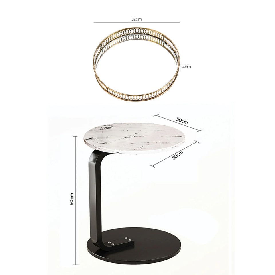 SOGA Home & Living Bundle – White Marble Mini Side Table & Gold Round Mirror Tray Organizer