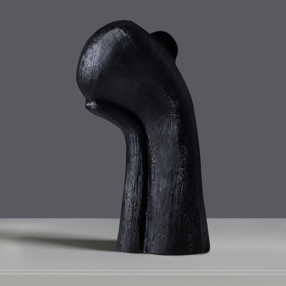 SOGA 38cm Black Minimalist Head Resin Sculpture with Hand at Side and Linear Texture for Home Decor