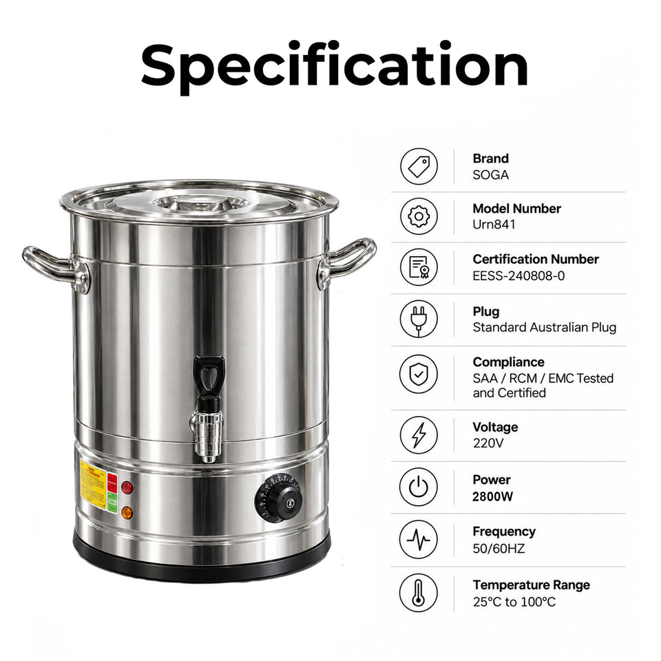 SOGA 21L 2200W Stainless Steel Commercial Hot Water Urn