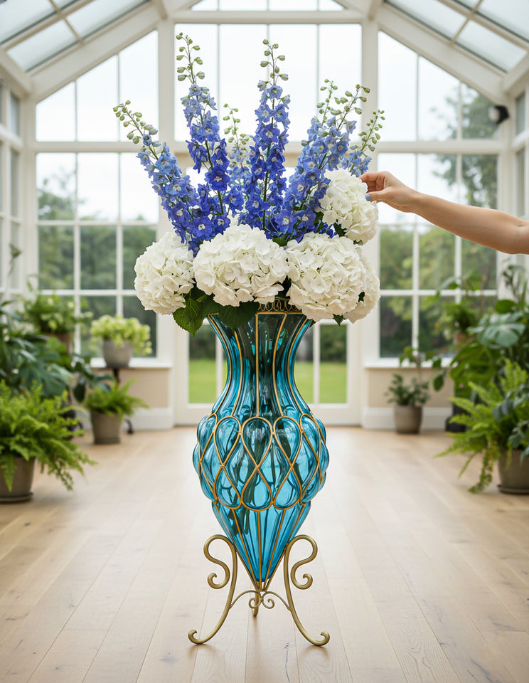SOGA 67cm Blue Glass Tall Floor Vase with Metal Flower Stand