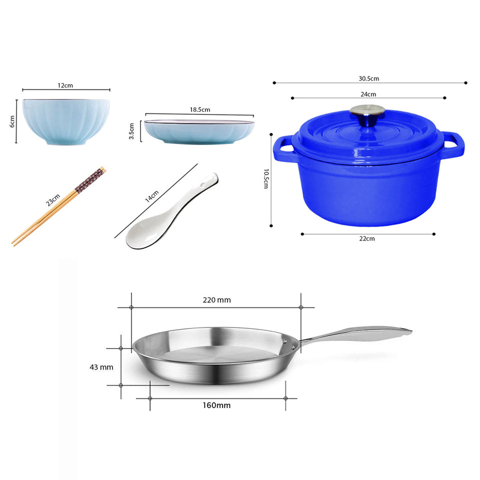 SOGA Kitchenware Bundle – Blue Enamel Stewpot, Stainless Steel Fry Pan & Ceramic Dinnerware Set