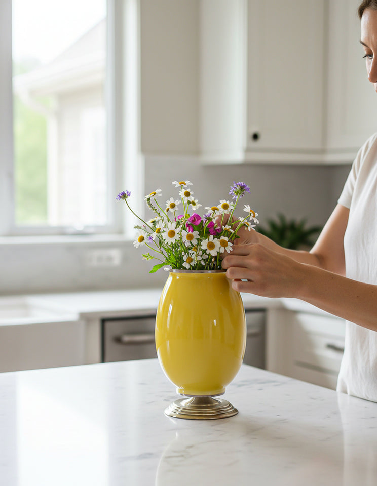SOGA 2x 40cm Ceramic Oval Flower Vase with Gold Metal Base Yellow