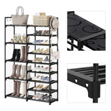SOGA 2X 16-Shelf Tier Shoe Storage Shelf Space-Saving Caddy Rack Organiser with Side Hooks Black