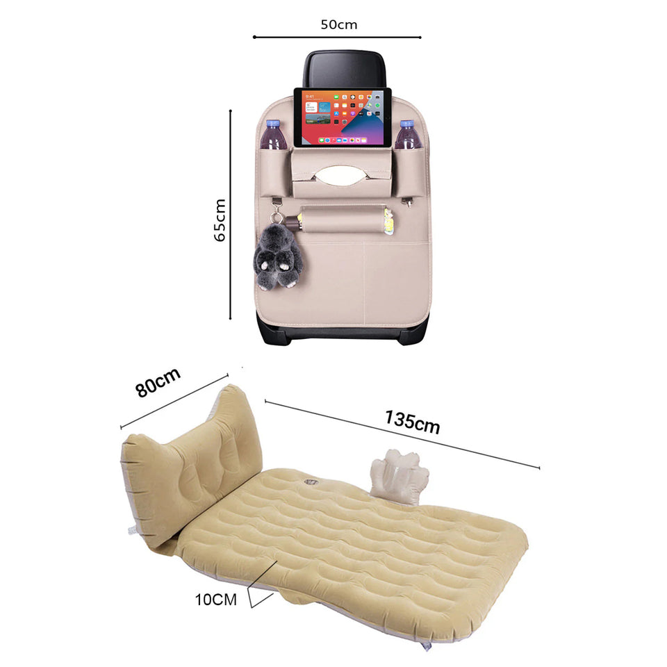 SOGA Car Bundle – White Back Seat Storage Organizer & Beige Honeycomb Inflatable Mattress