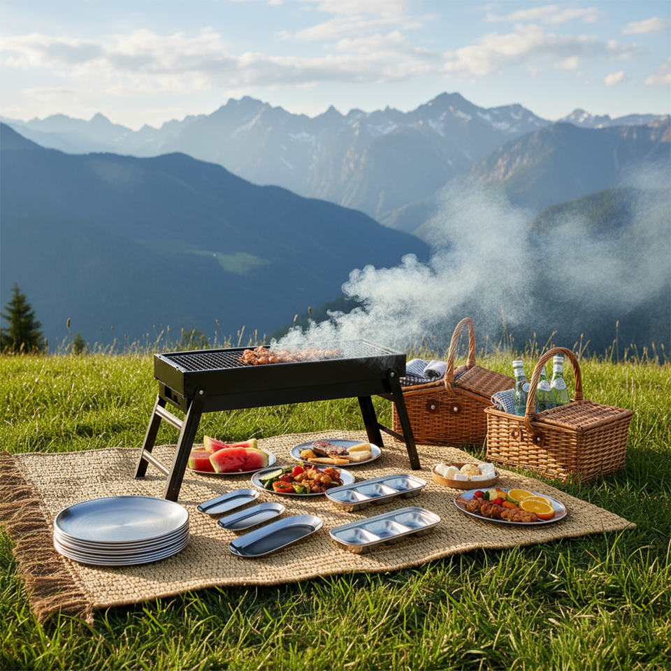 SOGA Kitchenware Bundle – Portable Charcoal Grill, Silver Grilling Plate, Nordic Plate & Sauce Pan